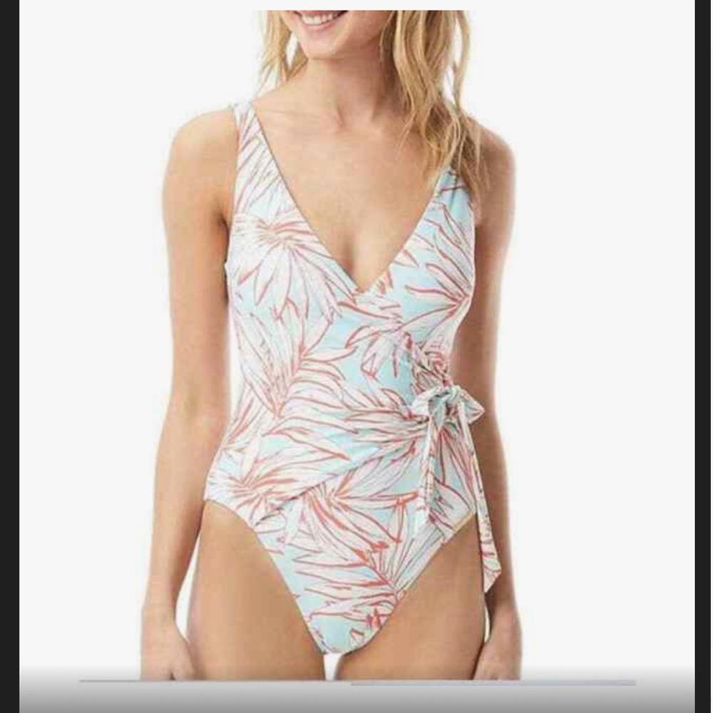 VINCE CAMUTO Women's Aqua Tropical Print Wrap Side Tie One Piece Swimsuit